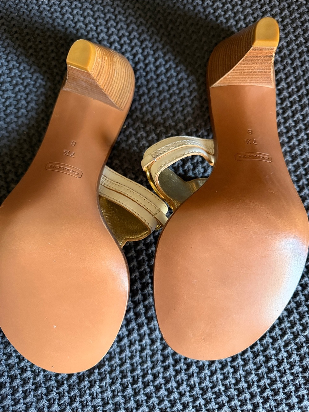 Coach Gold Leather Thong Sandals with Blue Medallion - Picture 6 of 7